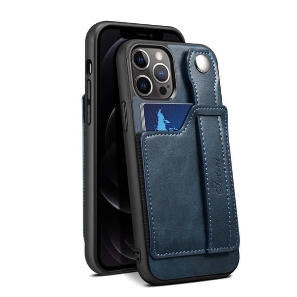 Fodral för iPhone 14 Plus blått kortfack läder handledsrem baksida
