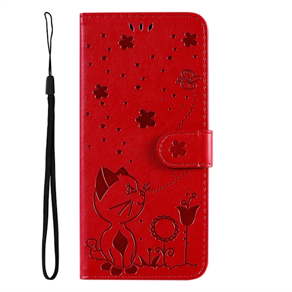 Etui til iPhone 13 Mini Rødt preget katt og bie skinnpreget