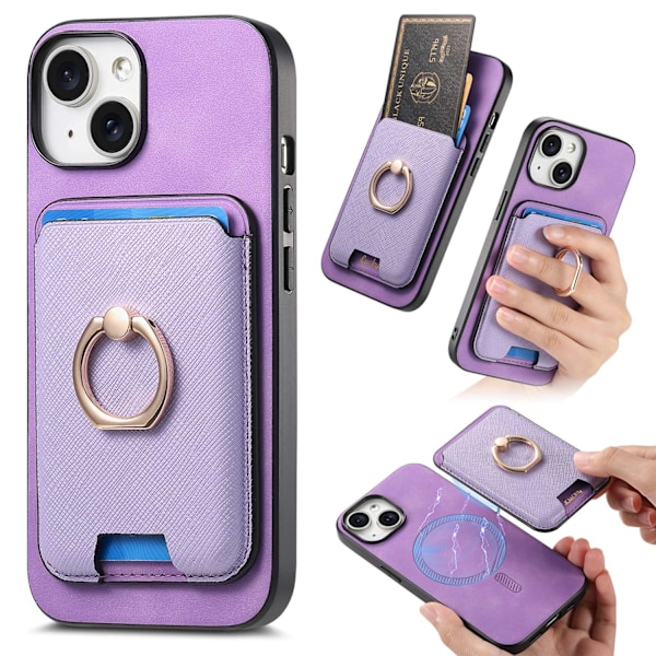 Etui til iPhone 16 lilla magnetisk kortholder ring enkelt lær anti-fall