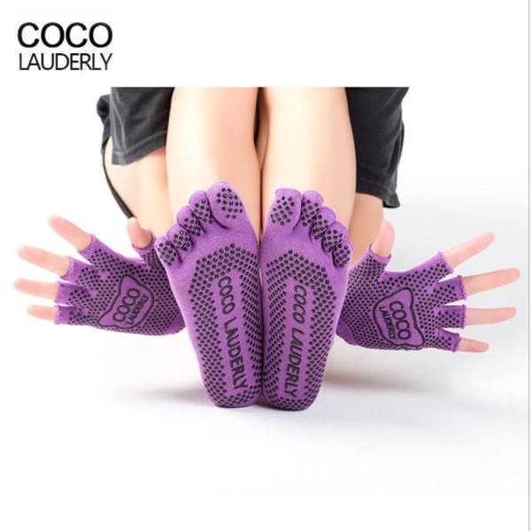 1 Set Yoga Socks Gloves Women Non-slip Five Finger Toe Socks Pilates Massage Athletic Sport Socks Gloves Set Grey
