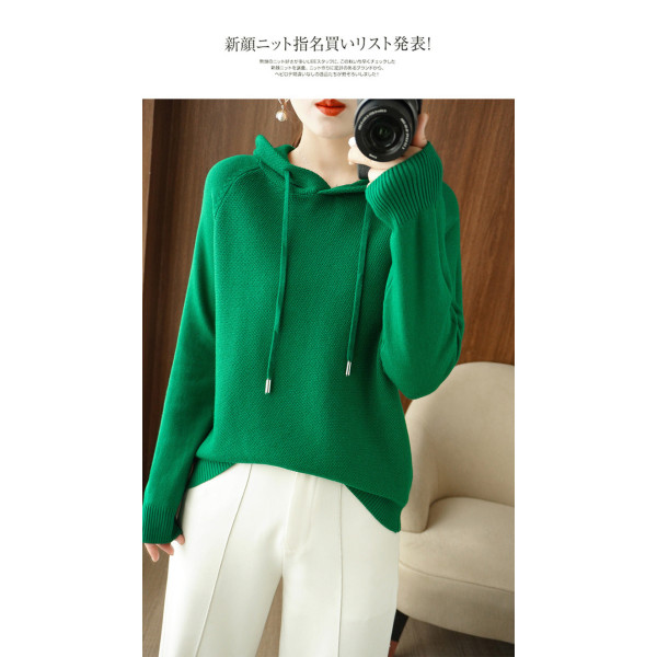 Kvinnor Stickad Höst Vinter Tröja Huva koreansk stil Enfärgad Luvtröja Luvtröja Cardigan Coat Emerald L
