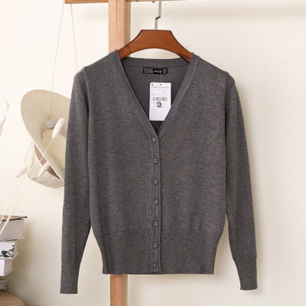 Damestrikk Høst Vinter Genser Loose Crop Top Cardigan Langermet Inverness Dark gray L