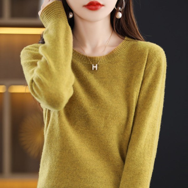 Kvinder Strik efterår vinter sweater rund hals indre base skjorte ensfarvet løs sweater Mustard yellow XXL