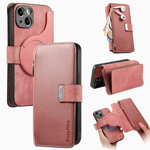 Etui til iPhone 15 Plus rosa to i ett separasjonsstruktur anti-tyveri børste magnetisk fjerning lær