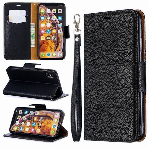 Etui til iPhone 13 Pro sort lychee tekstur solidt læder kort slot flip