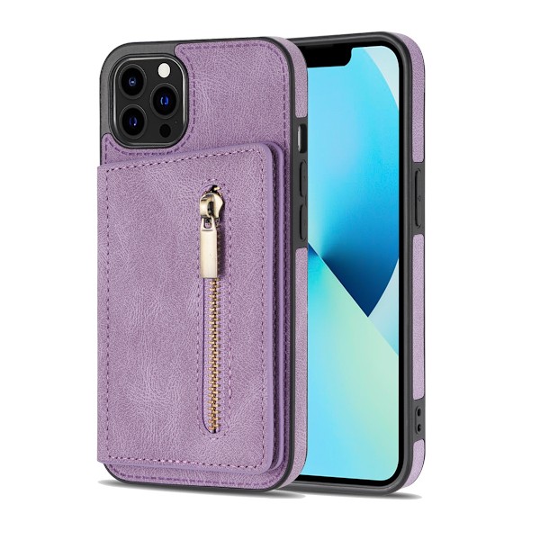 Fodral för iPhone 13pro lila dragkedja korthållare fullständigt skydd mot fall mode
