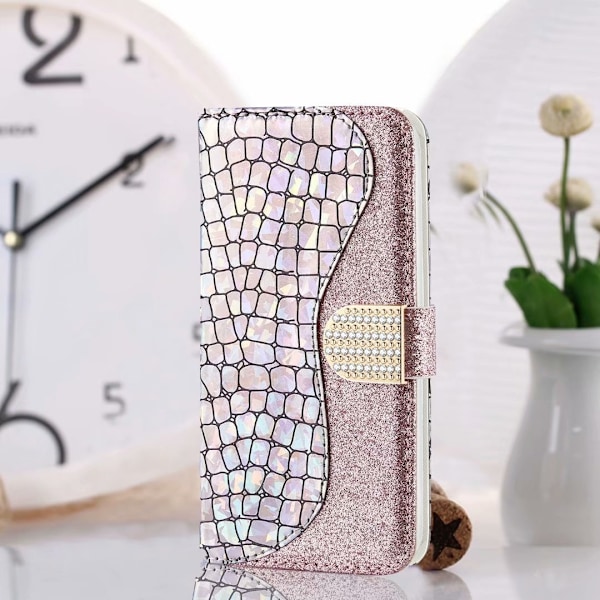 Fodral för iPhone 14 Silver laserglitter krokodilmönster lapptäcks läder kortplats plånbok