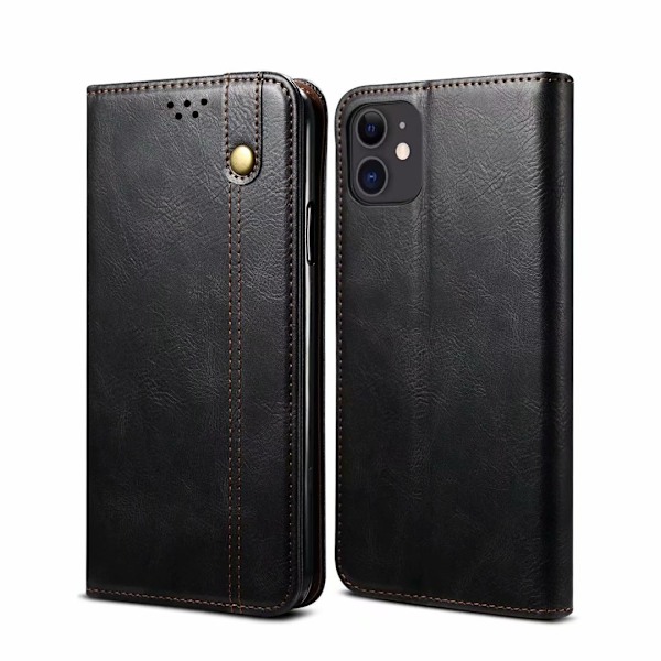 Etui til iPhone 14 Pro sort vokset retro crazy horse læder kort