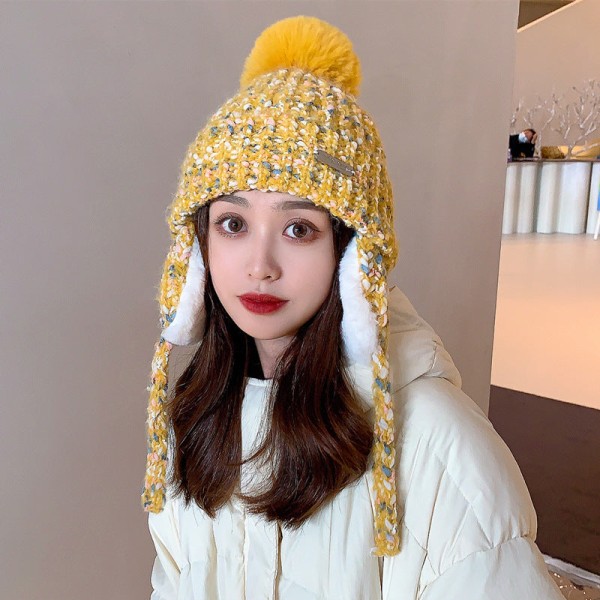 Varm vinterstrikket huehatte 2022 Efterår og vinter Hardware Etiket Hat med blandet farve Damer Fleeceforet Unisex Yellow M