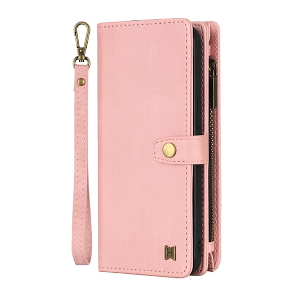 Etui til iPhone 15 Pro Max, pink multifunktionelt læderpung magnetisk sugekop