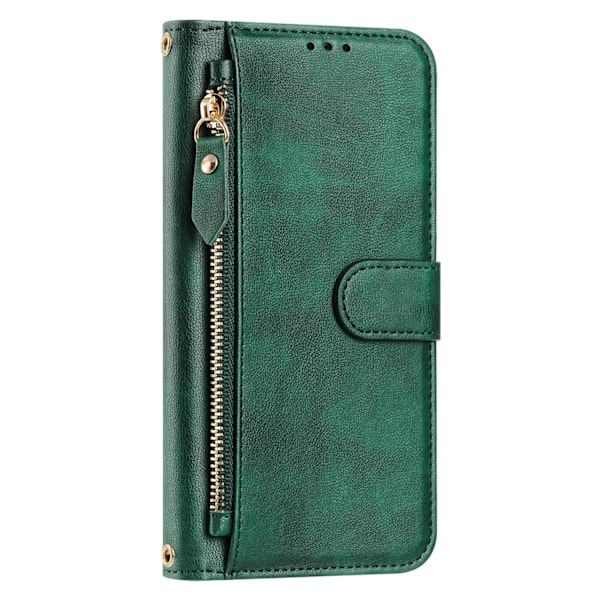 Etui til iPhone16pro grøn solid multi kort lynlås kortpung læder