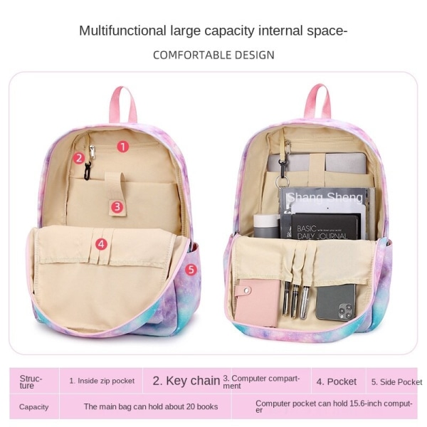 Tre-delt skoletaske til piger, let vandtæt rygsæk Yellow and purple