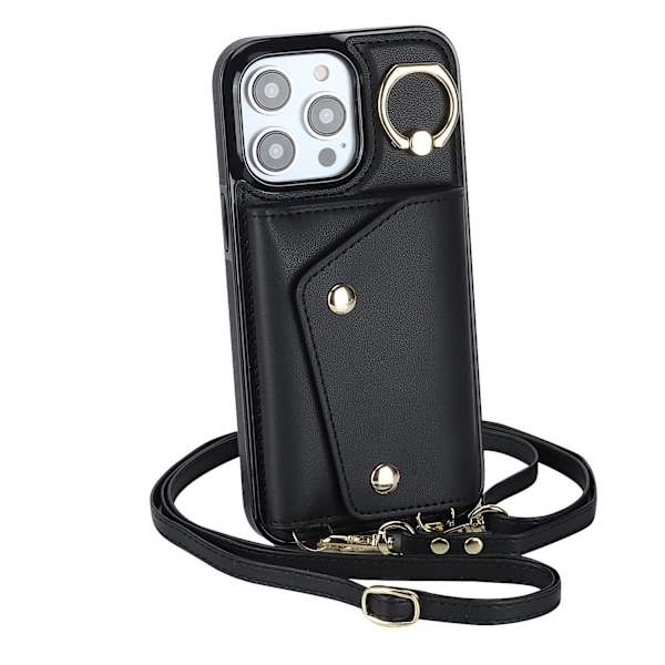 Fodral för iPhone 14plus svart crossbody multi card ring mode plånbok multi funktion kort hållare