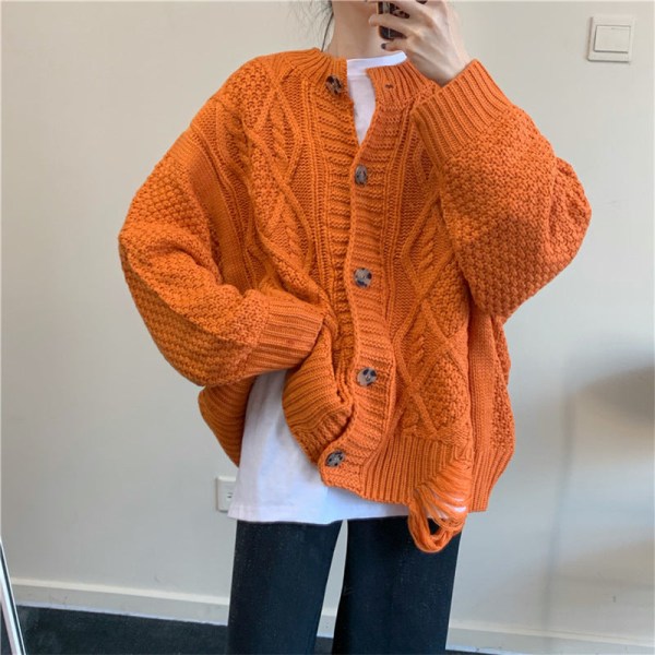 Kvinner strikkeplagg Høst Vinter Genser Kåpe Løs ytre slitasje Idle Style Tykk Twist Cardigan Orange 60*118*58cm