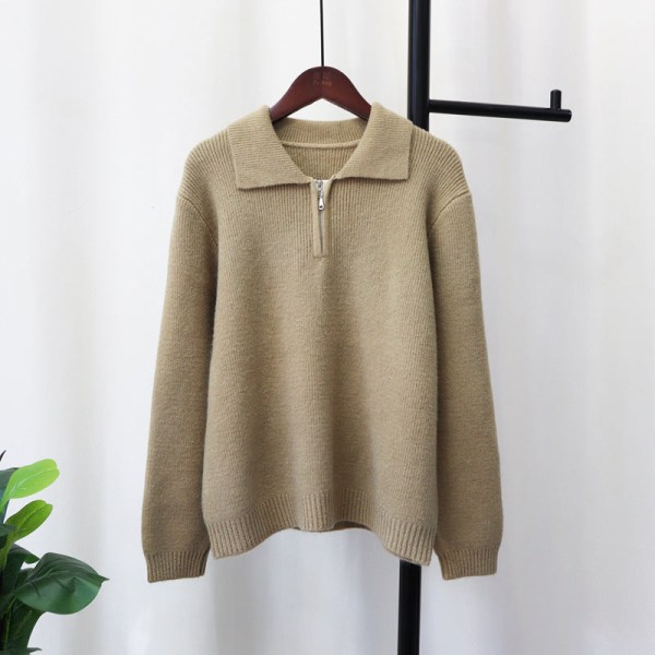 Kvinder strik efterår vinter sweater revers lynlås ensfarvet koreansk stil løs pullover Beige 58*56*106cm