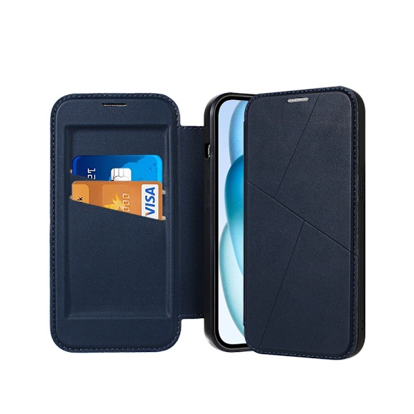 Kotelo iPhone 14/15Plus -puhelimelle, sininen nahka, kaksoiskorttipaikka, magneettinen