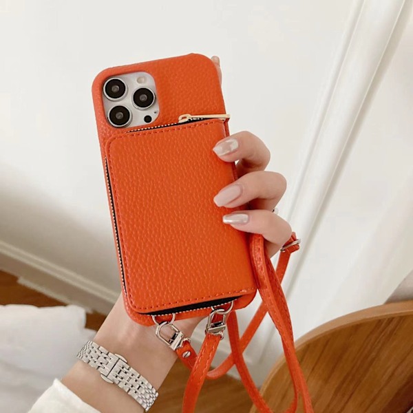 Fodral för iPhone 15 Pro Max 6,7 tum orange dragkedjeväska justerbart rep crossbody myntväska