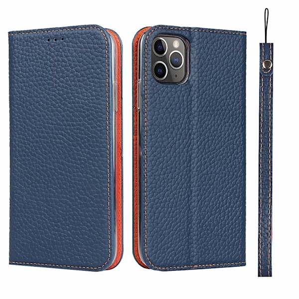 Etui til iPhone 13 mørkeblå lychee-korn læder visitkort slot flip snap on