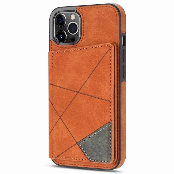 Etui til iPhone 13 Pro brun linje side mærkat dobbelt spænde kortholder læder