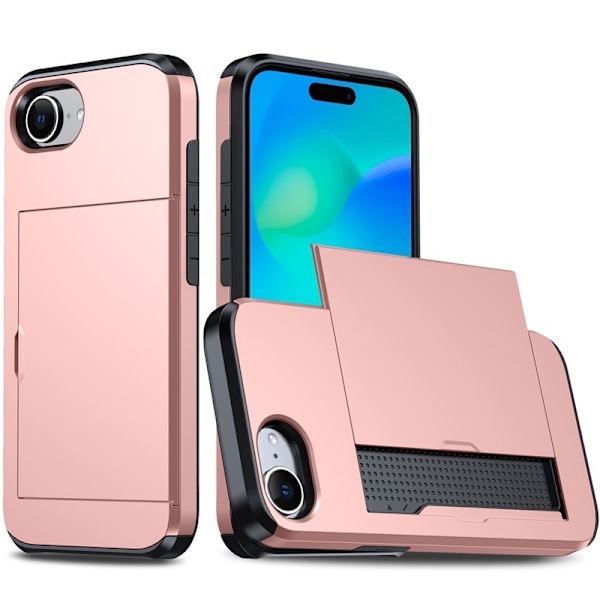 Kotelo iPhone 15 6.1:lle, ruusukultainen liukukorttipaikka, putoamista estävä lompakko