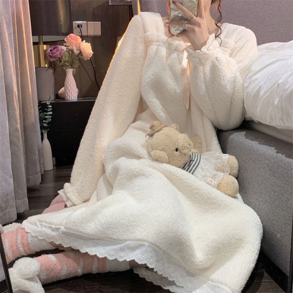 nattlinne mellanlång kjol lös korall sammet varma hemkläder Dam plysch pyjamas Ensemble white 165(L)