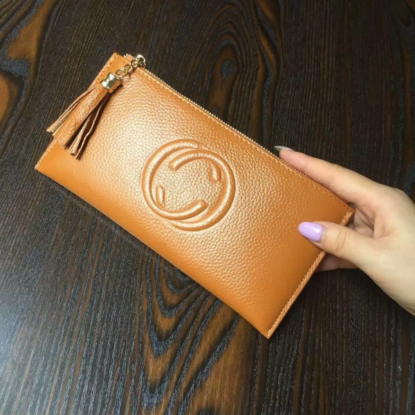 Kvinner lommebok myntveske Enkel ultratynn ekte skinnkvast Lang glidelås Myk kuskinn Clutch kortholder Orange