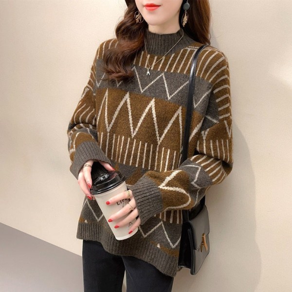 Kvinnor Stickat Höst Vinter Tröja Pullover Diamond Pläd Ytterkläder Lös tjock kappa Brown 68*120*48cm