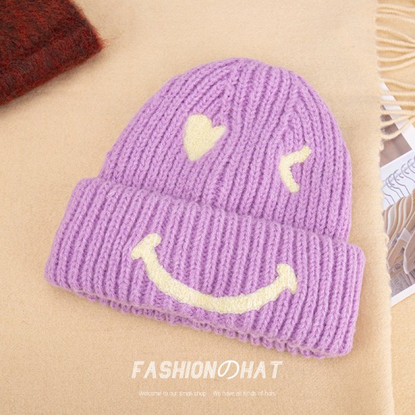 Varm vinterstickad mössmössa Broderade Smiley Cap Par Pullover Unisex Purple M