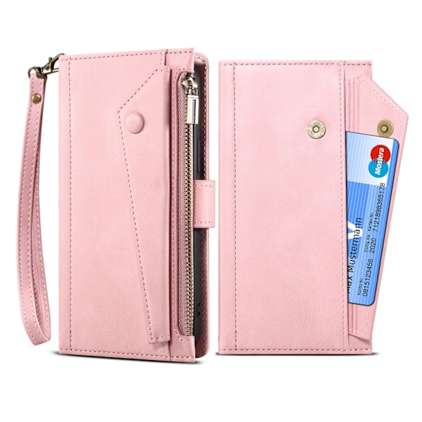 Kotelo iPhone 13 Pro Max puhelimelle, vaaleanpunainen nahkainen kaulanauha, crossbody, vetoketjullinen kolikkokukkaro