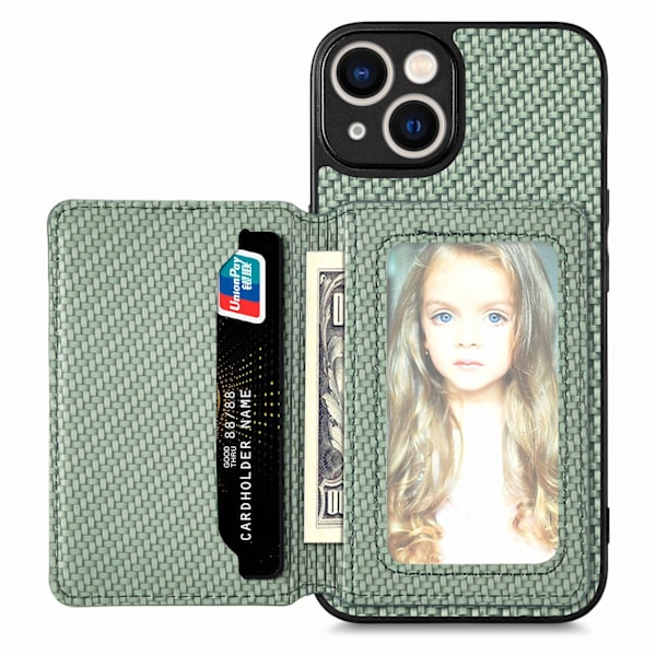 Fodral för iPhone 14 Grön Fibertextur Plånboksfodral Bil Korthållare Insats