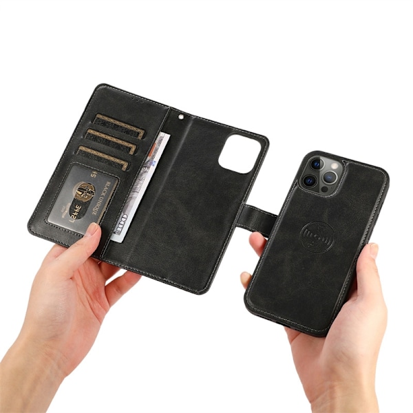 Etui til iPhone 13 Sort Kalvekorn Bil 2 i 1 Læder Etui Magnetisk 2 i 1 Kortholder