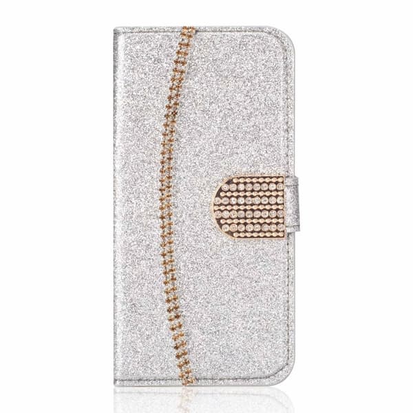 Fodral för iPhone 14 Silver glitter kortplats läder guldkedja diamantplånbok