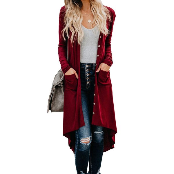 Damstickad Höst Vintertröja Enkelknäppt Cardigan Långärmad Knäppjacka Wine Red S