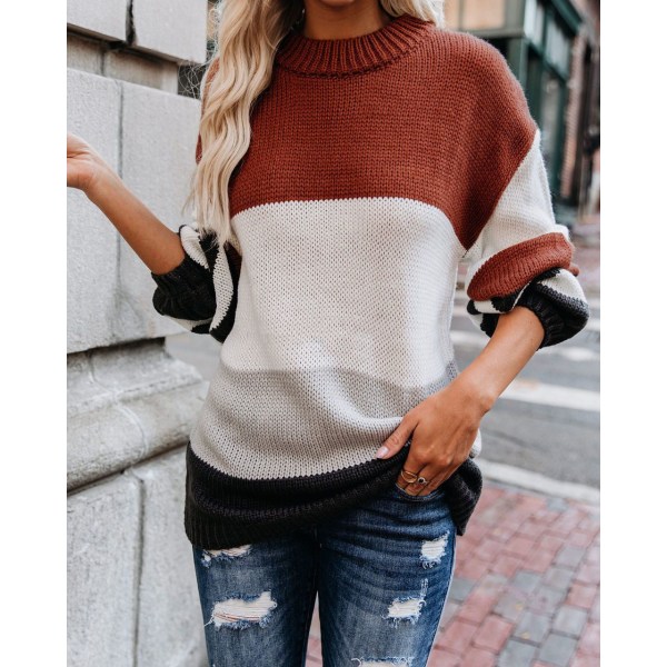 Kvinder Strik Efterår Vinter Sweater Mode Løs plus størrelse rund hals striber Black XL