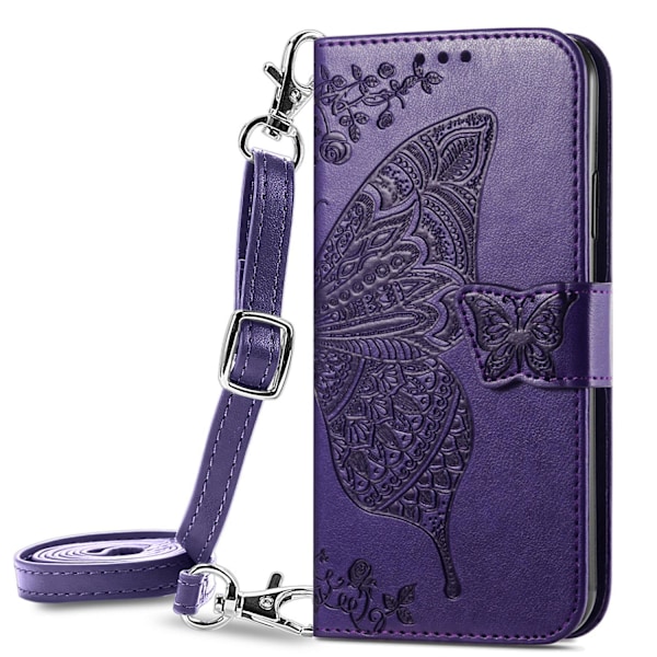 Kotelo iPhone 16 Pro -puhelimelle, tumman violetti nahkainen crossbody vyötärö olkalaukku pitkällä kaulanauhalla ja lompakolla