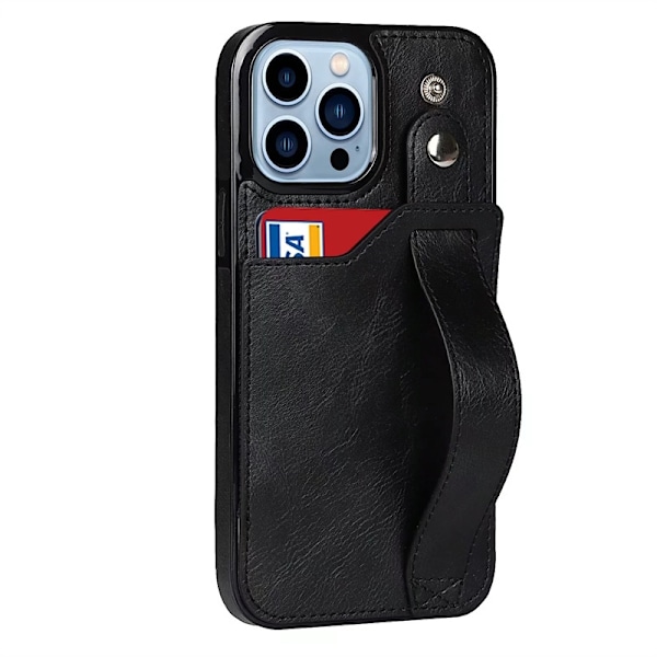 Etui til iPhone 14 Plus sort håndledsrem kort håndled læder stativ pung