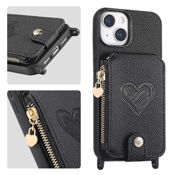 Fodral för iPhone 14plus svart med lång snodd lychee mönster kärlek korthållare crossbody mode