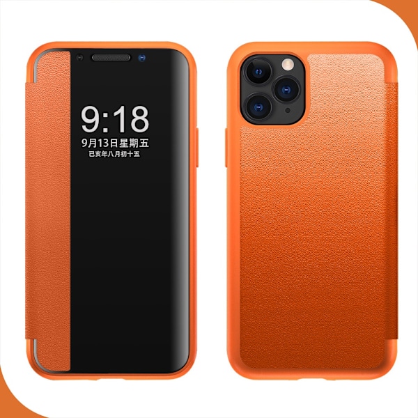 Fodral för iPhone 13 orange fönster enkelt läder flip