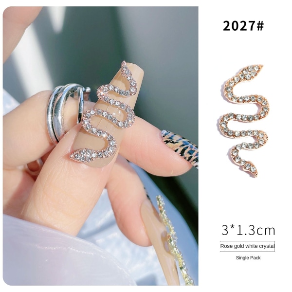 Negledekorasjoner for neglekunst diamantlegering slange rosegull og sølv full diamant tredimensjonal manikyr 2027