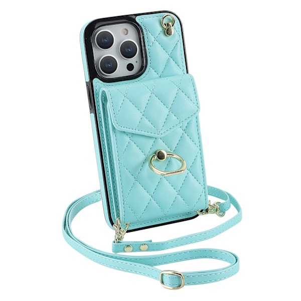 Etui til iPhone 14 6.1 mintgrønn med kortspor og crossbody-lærreim