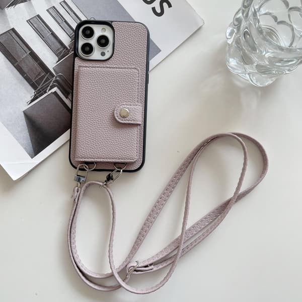 Fodral för iPhone 13pro grå snodd crossbody solid korthållare vikbart japanskt läder