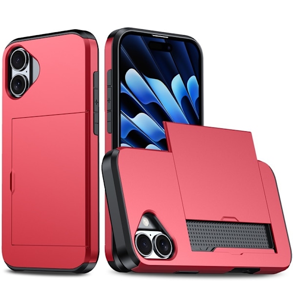 Skal för iPhone16Plus 6.7 Rött skjutbart kortfack anti-fall hårt plånboksfodral