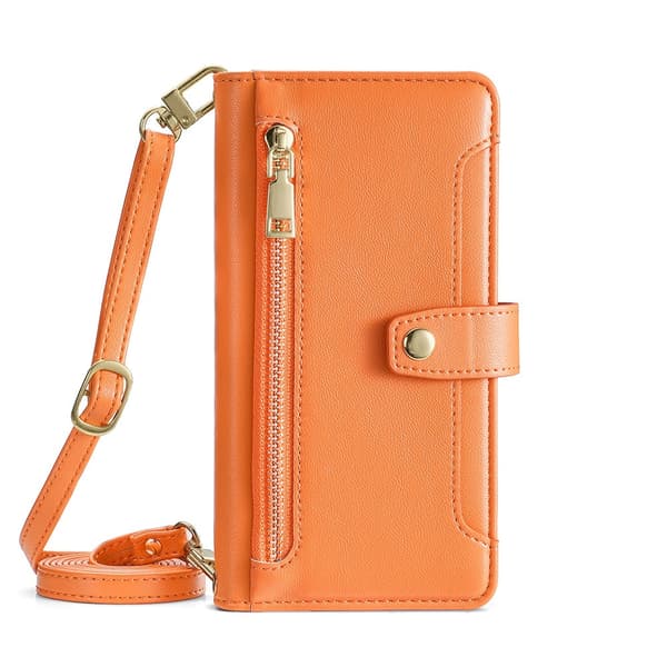 Fodral för iPhone 15 Plus Orange med lång axelrem, kort handledsrem, kortfack multifunktion