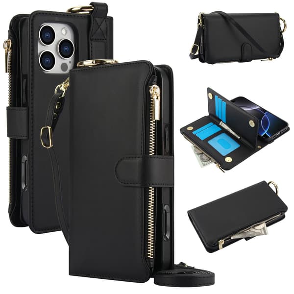 Etui til iPhone 7, sort ring, multifunktionel pung med kortplads, bælte, crossbody-rem