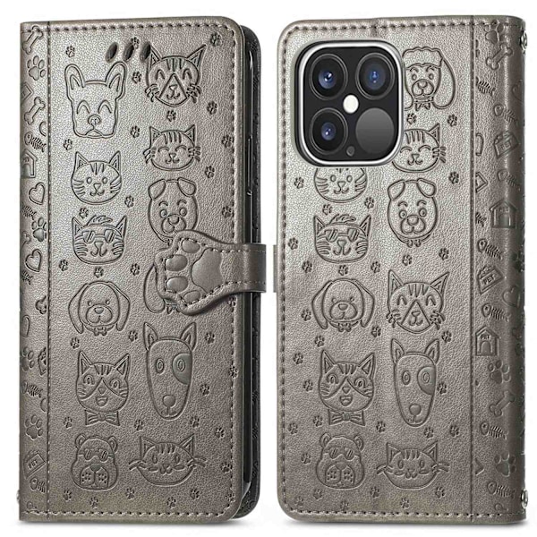Fodral för iPhone 14 grå katt och hund tecknad läder flip kortplats