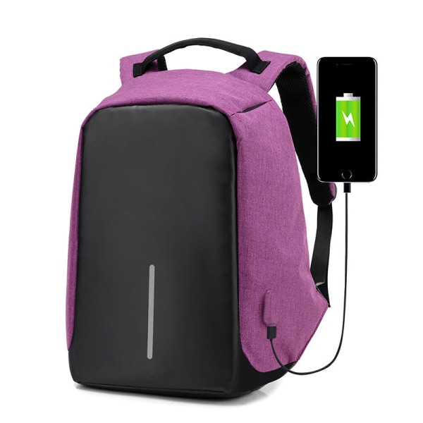 Tyverisikring rygsæk kvindelig computer USB-opladningsrygsæk Studenterrejse Vandtæt fritidsskoletaske Purple