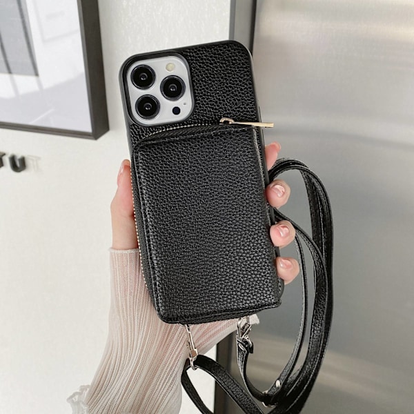 Etui til iPhone 16plus lychee mønster fuld lynlås kortholder lanyard sort japansk og koreansk diag