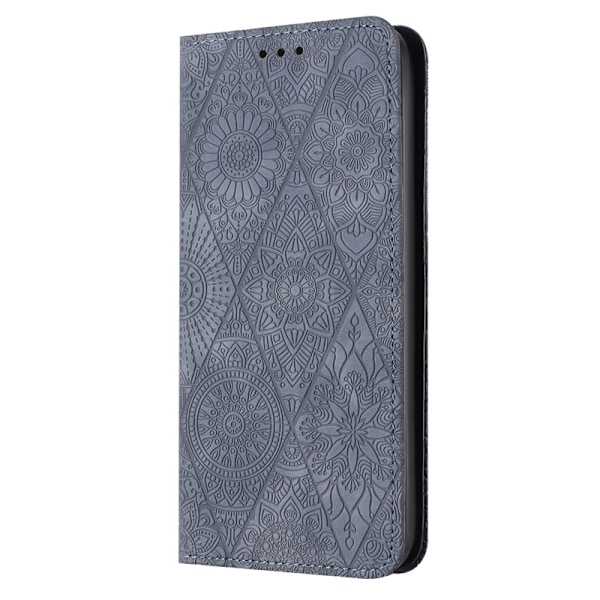 Fodral för iPhone 14 Pro grå etnisk stil präglat dubbelt sug läder retro präglat dubbelt kort