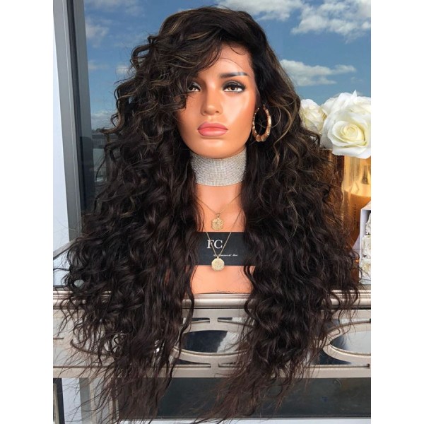Naisten peruukki Musta Highlight Keskipitkät kiharat hiukset Synteettiset peruukit W384