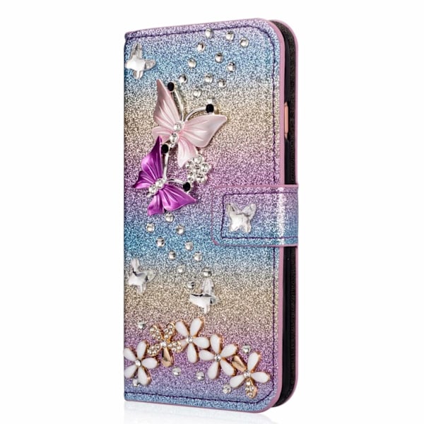 Kotelo iPhone 13 Prolle, värikäs punainen ja violetti glitteri, perhonen, strassi, korttipaikka, lompakko, nahka
